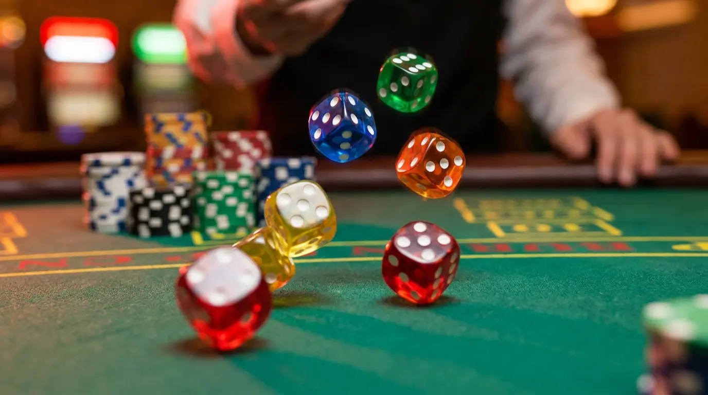 Dados cayendo sobre mesa de casino con fichas al fondo