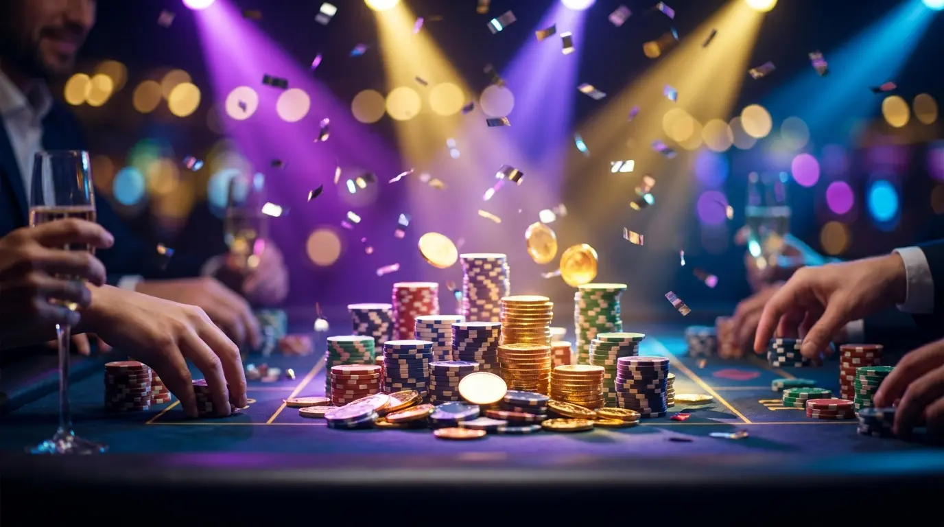 Fichas de casino y monedas doradas con confeti celebratorio