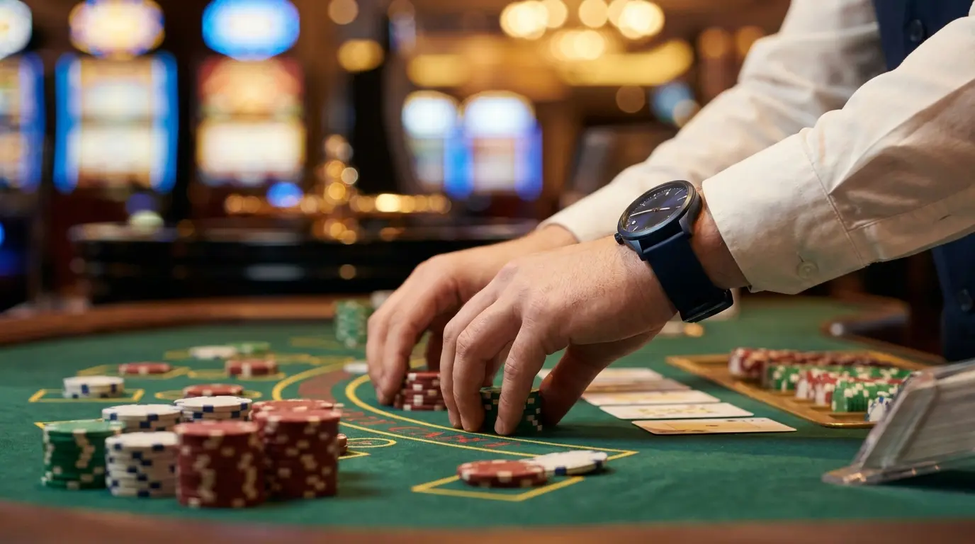 Mesa de casino en vivo con fichas y cartas en colores mexicanos