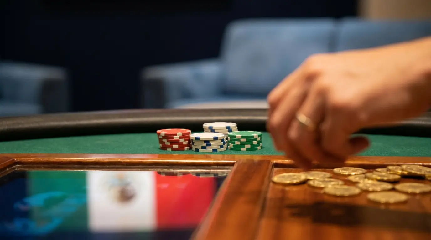 Fichas de casino de baja denominación sobre mesa de fieltro verde
