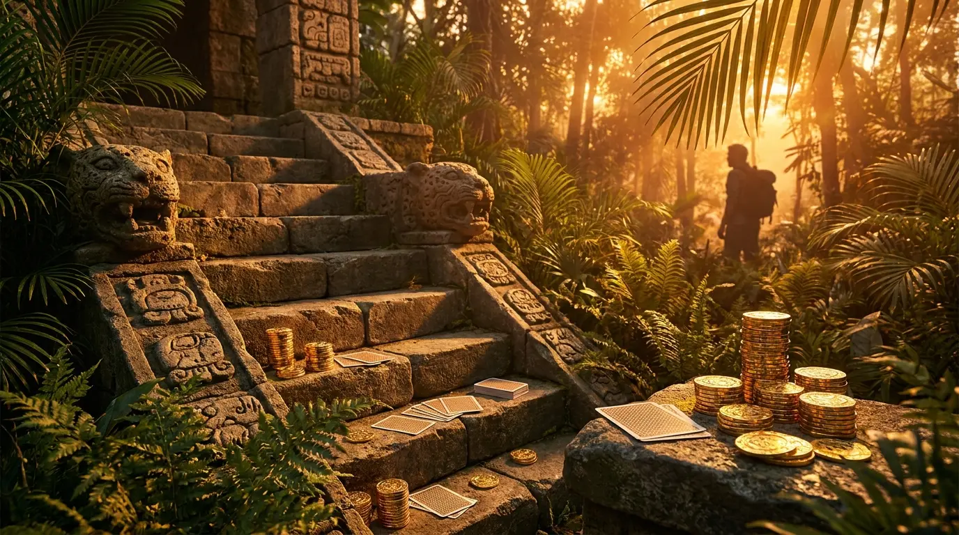 Pirámide maya con fichas de casino y cartas en ambiente tropical