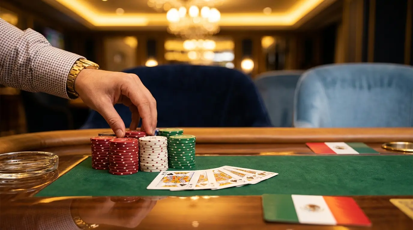 Fichas de casino y cartas sobre mesa de fieltro verde