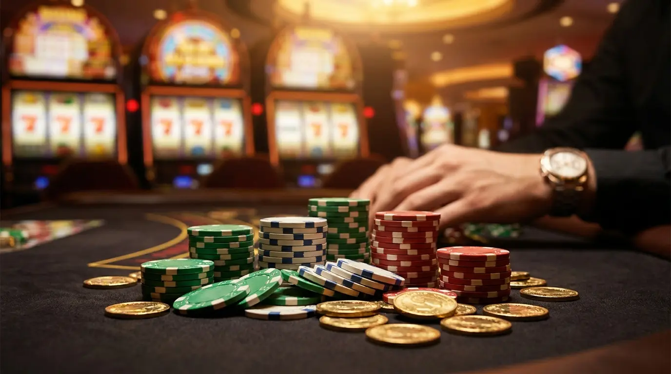 Fichas de casino apiladas con monedas doradas sobre mesa de fieltro