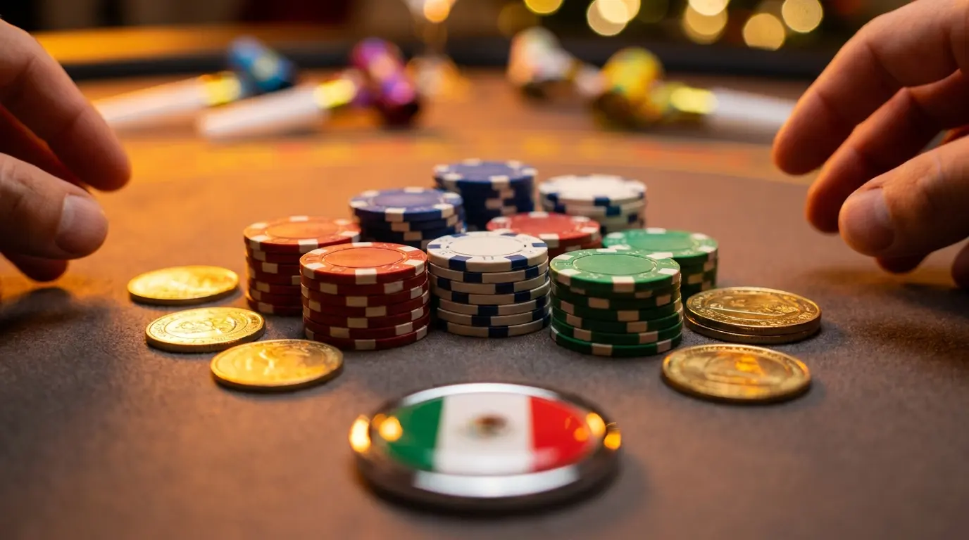 Fichas de casino y monedas doradas con colores mexicanos