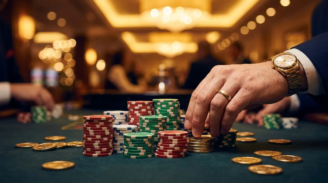 Fichas de casino y monedas doradas sobre mesa de fieltro verde
