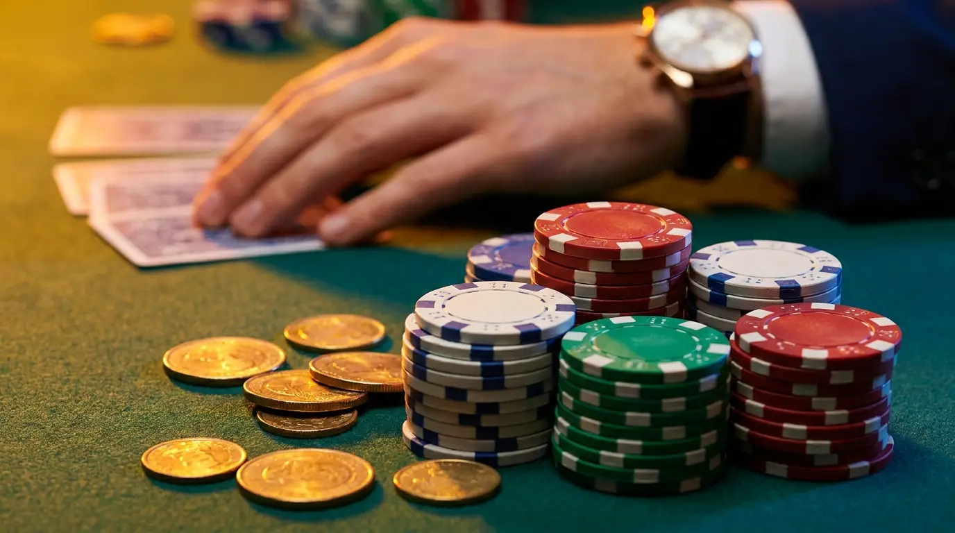 Fichas de casino y monedas con iluminación cálida de colores mexicanos