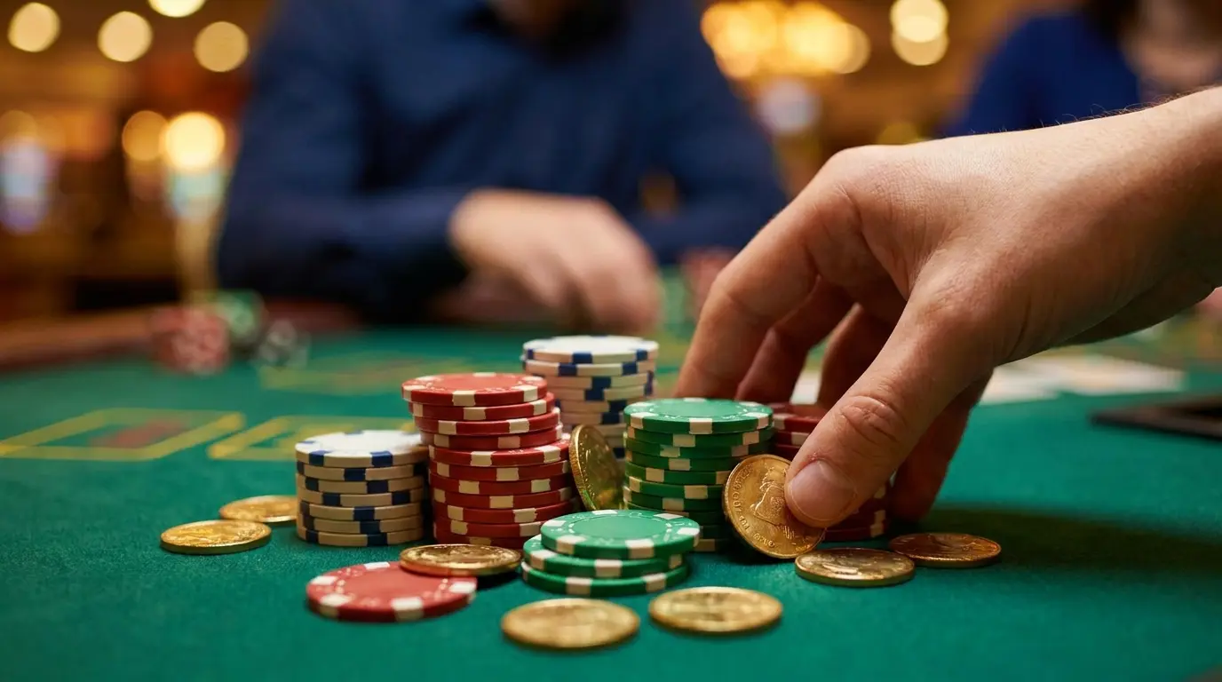 Fichas de casino y monedas sobre mesa de fieltro verde