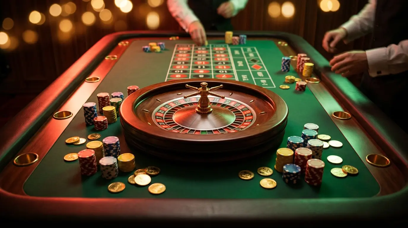 Ruleta y fichas de casino con iluminación en colores mexicanos