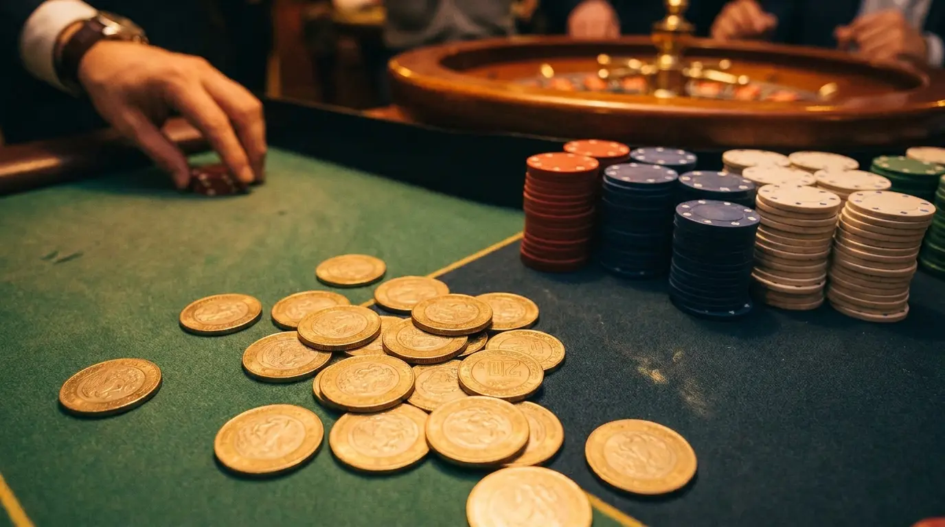 Monedas mexicanas y fichas de casino sobre mesa de juego verde