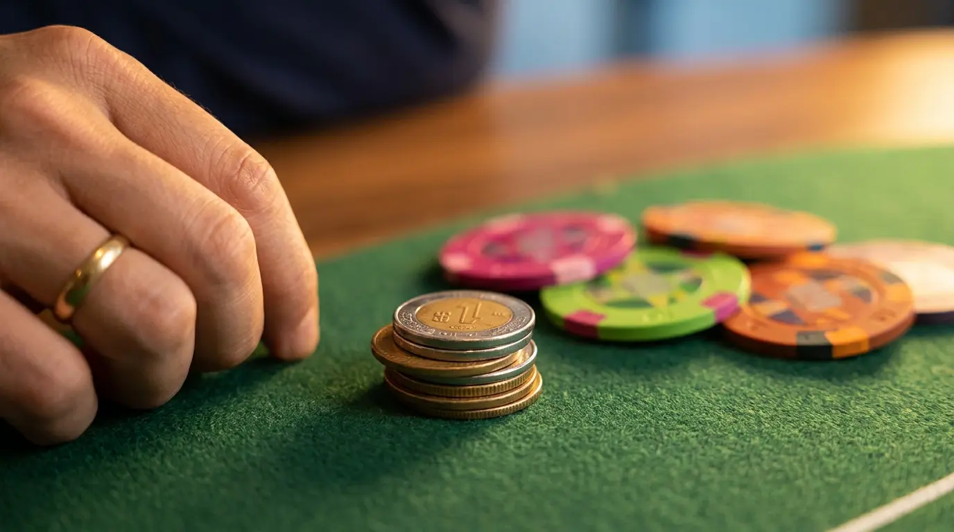 Monedas mexicanas junto a fichas de casino sobre mesa verde