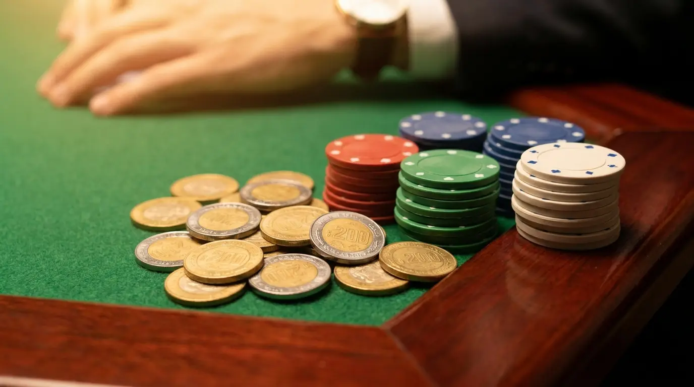 Monedas mexicanas apiladas junto a fichas de casino sobre tapete verde