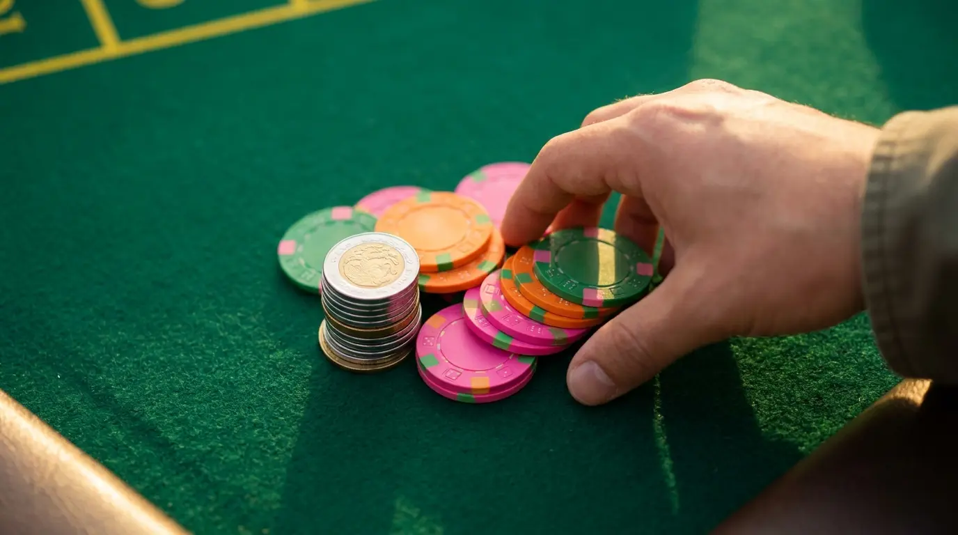 Monedas mexicanas y fichas de casino sobre mesa de juego