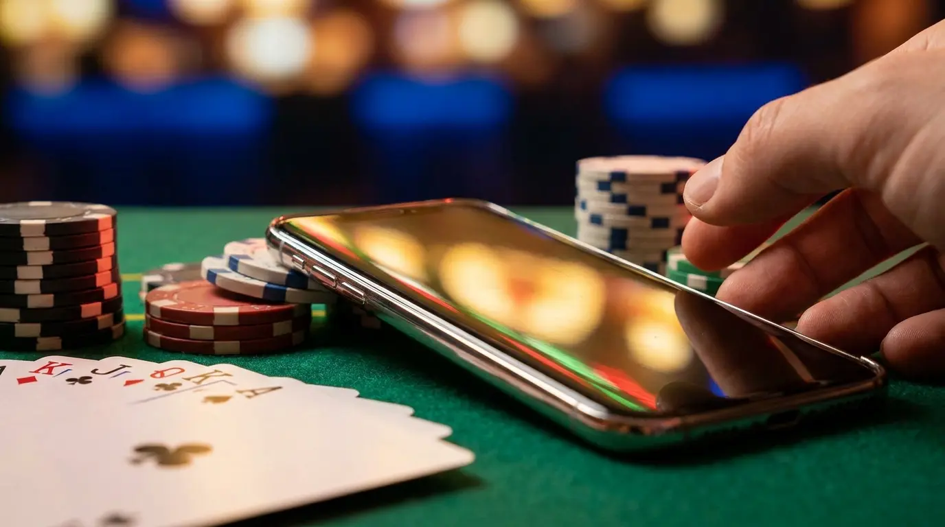 Teléfono móvil sobre mesa de casino con fichas y cartas