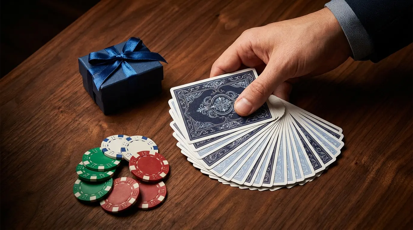 Cartas y fichas de p贸ker con caja de regalo sobre mesa
