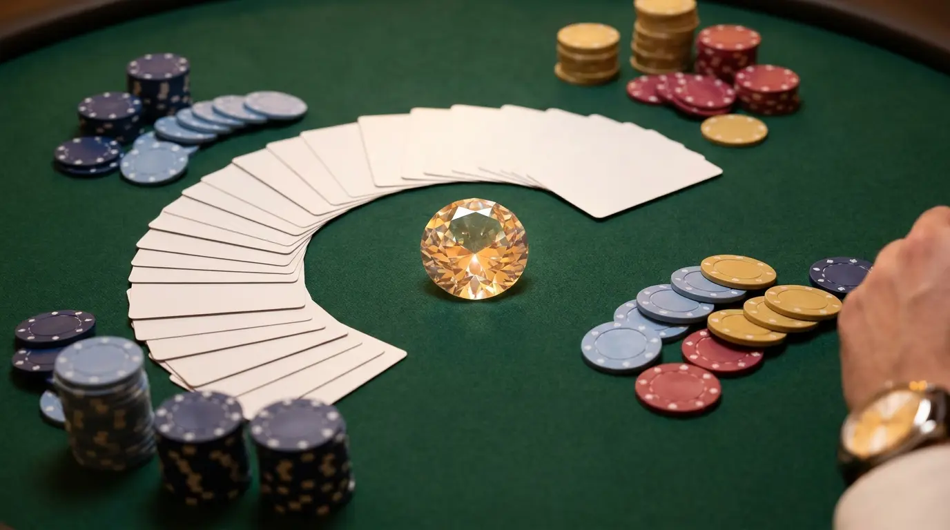 Cartas de póker y fichas alrededor de diamante sobre mesa