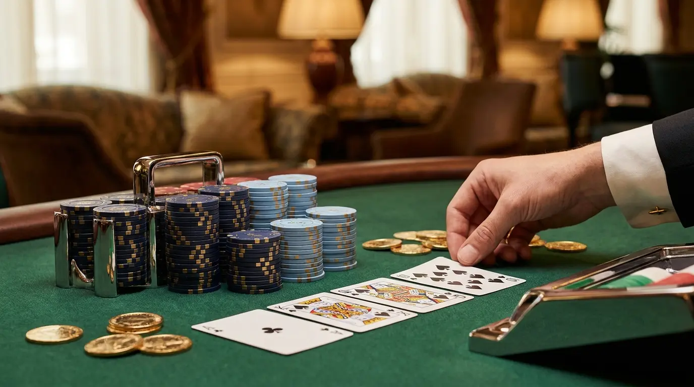 Fichas de póker y cartas sobre mesa de casino con iluminación cálida