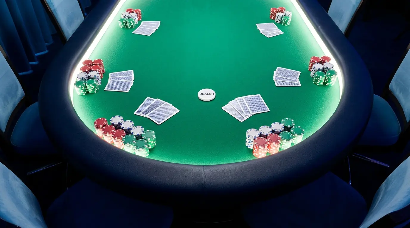 Vista aérea de mesa de póker con fichas y cartas en juego