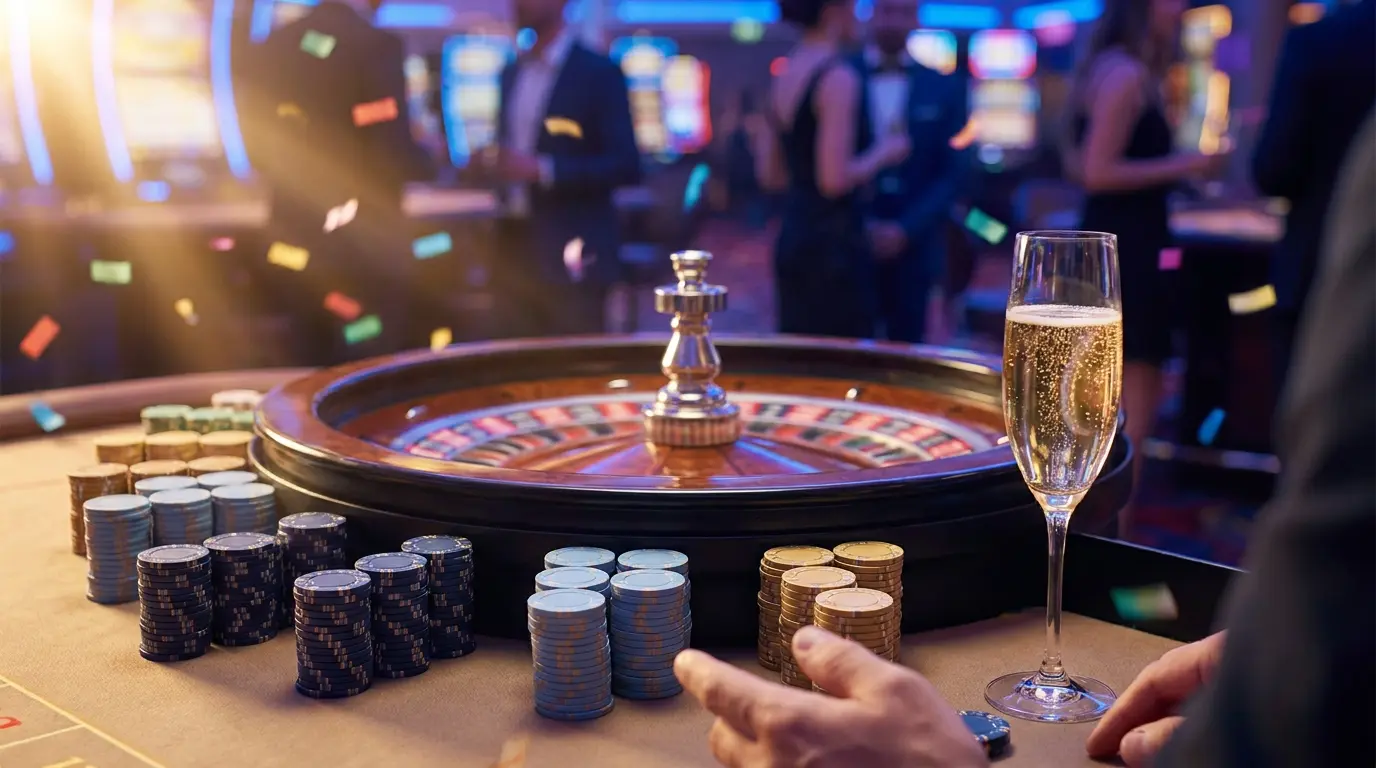 Ruleta girando rodeada de fichas y ambiente festivo