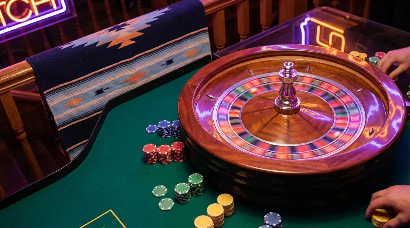 Ruleta girando con fichas y elementos mexicanos tradicionales