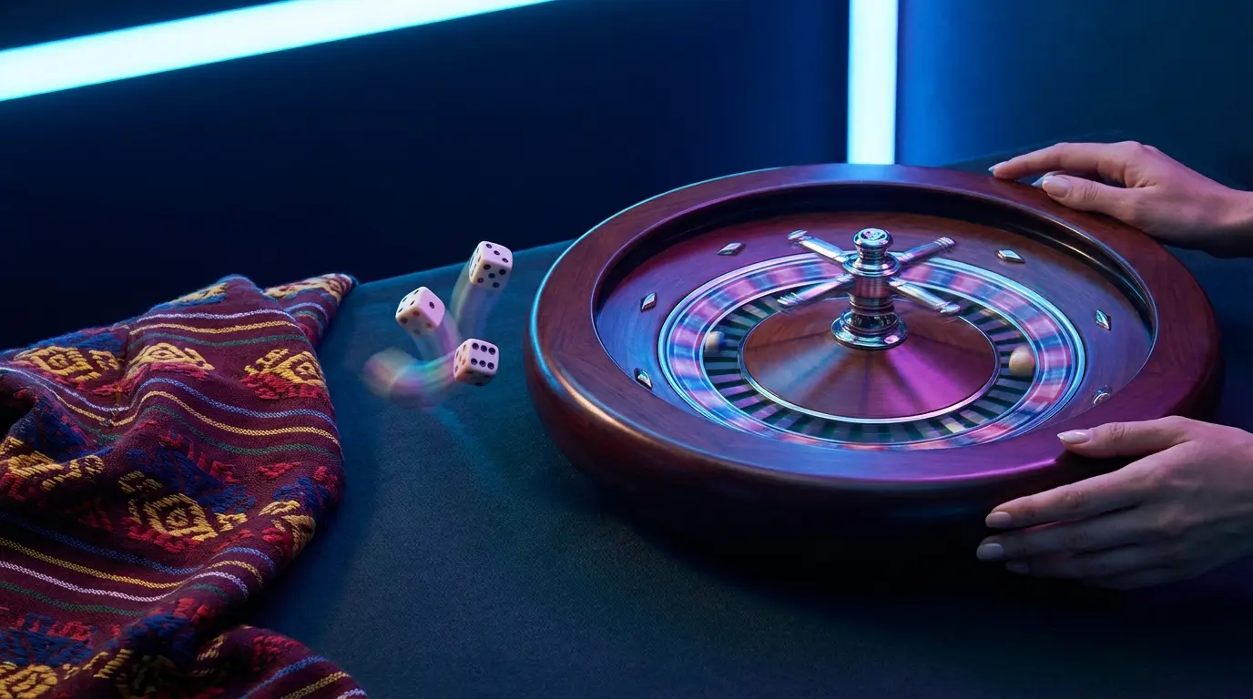 Ruleta girando con dados en el aire y textiles mexicanos