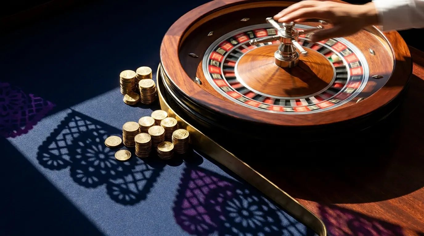 Ruleta girando con monedas doradas apiladas