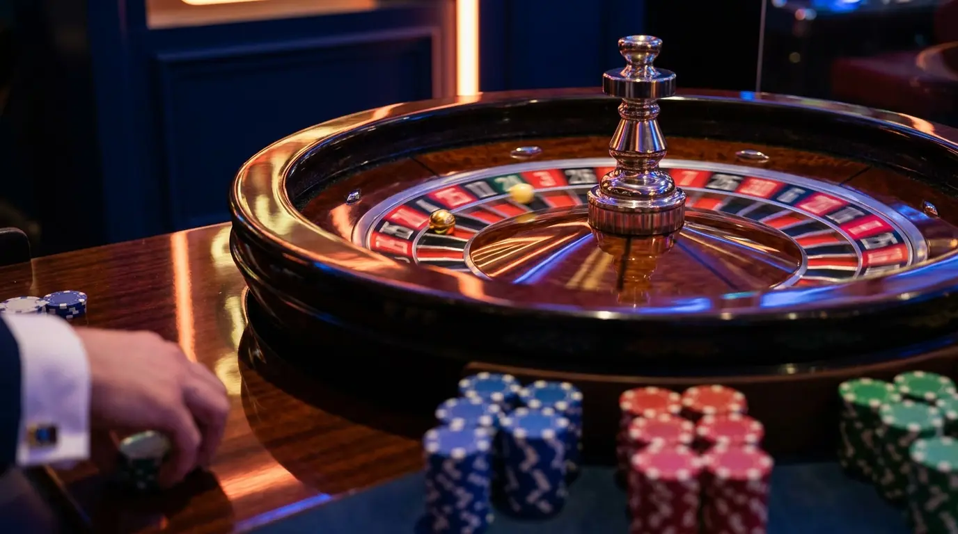 Ruleta en movimiento con fichas de colores en primer plano