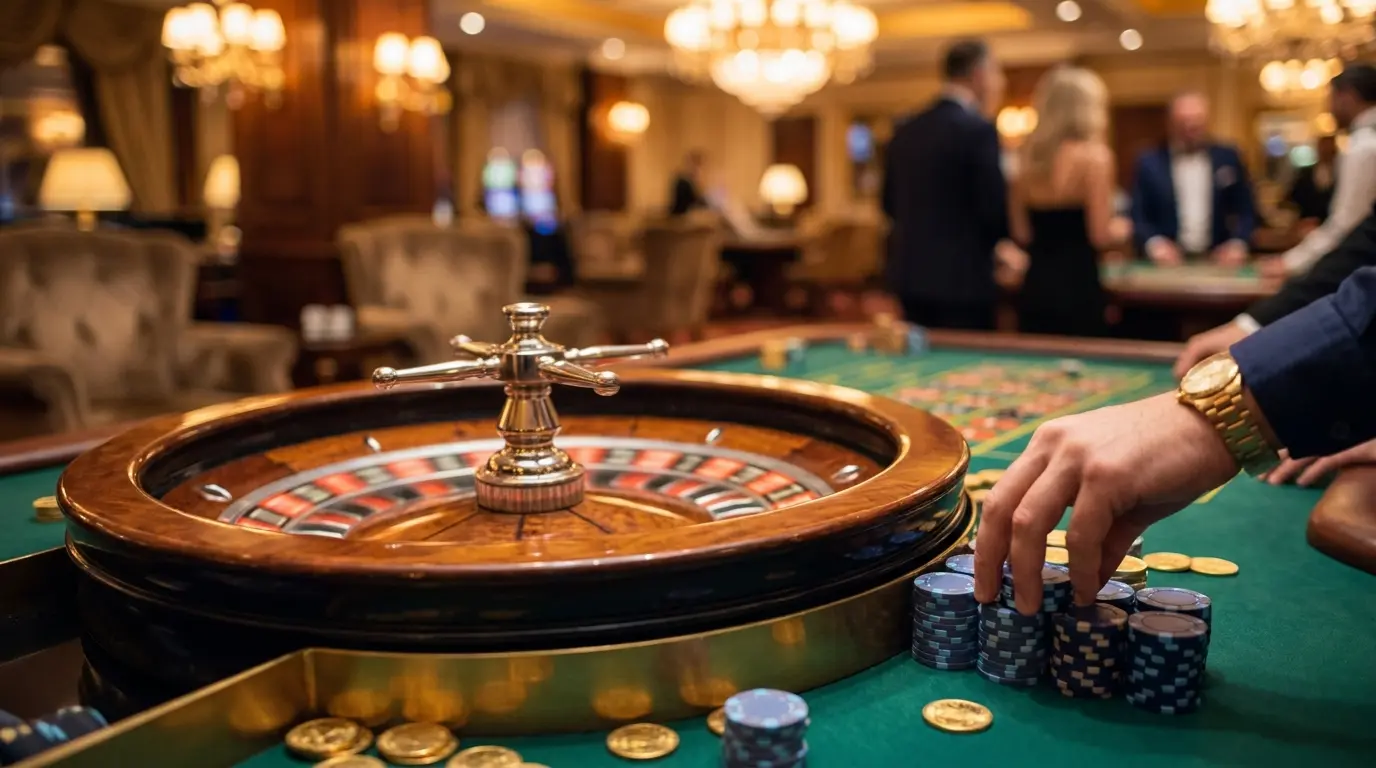 Ruleta de casino con fichas y monedas sobre mesa de fieltro verde