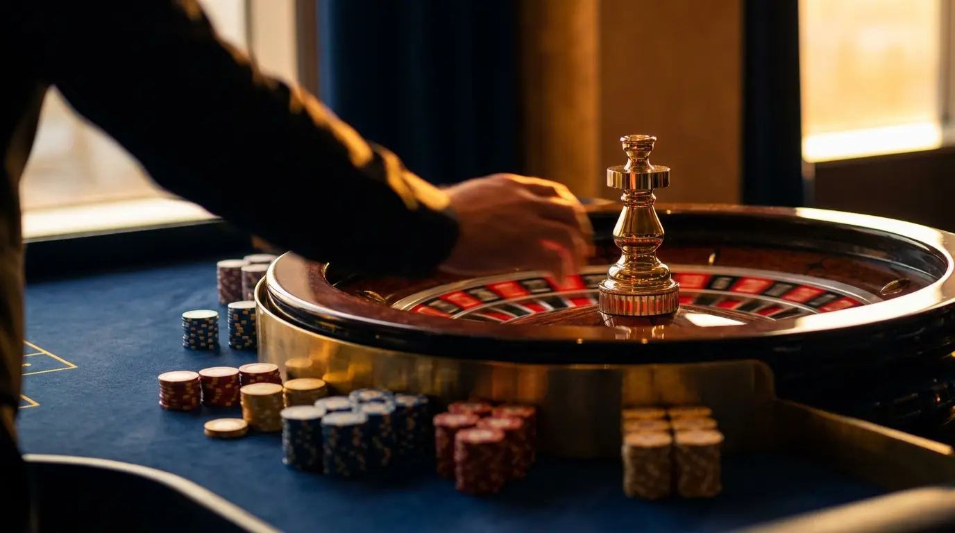 Ruleta girando con fichas de casino alrededor