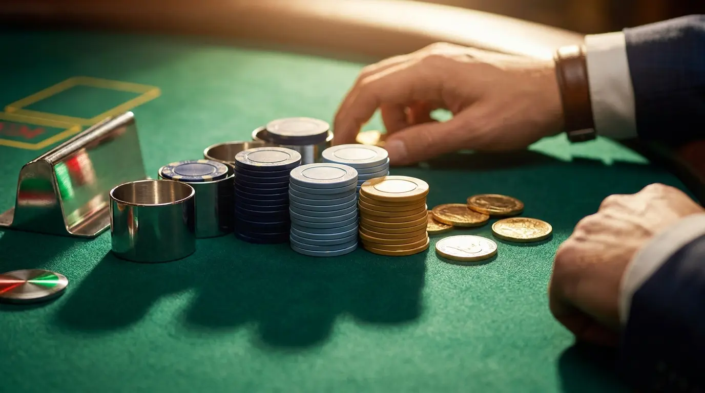 Fichas de casino y monedas doradas sobre mesa de fieltro verde