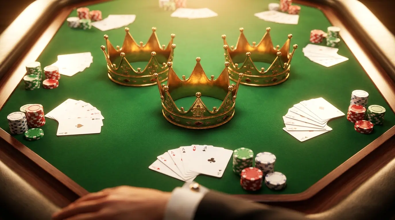 Tres coronas doradas sobre mesa de casino con fichas y cartas