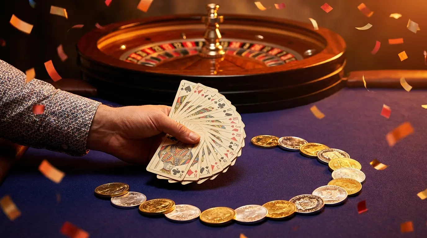 Cartas y ruleta con ambiente festivo de bienvenida