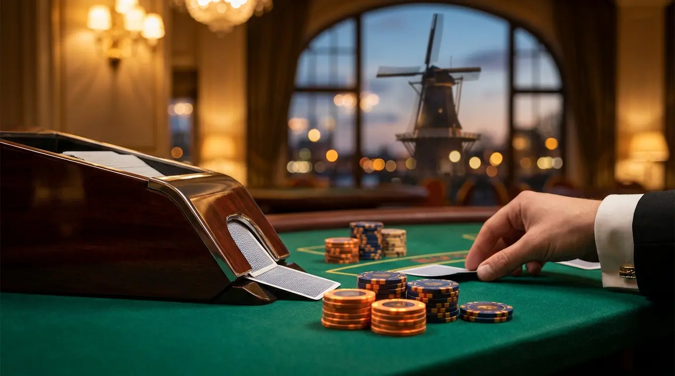 Casino baccarat spel met Nederlandse windmolen op achtergrond