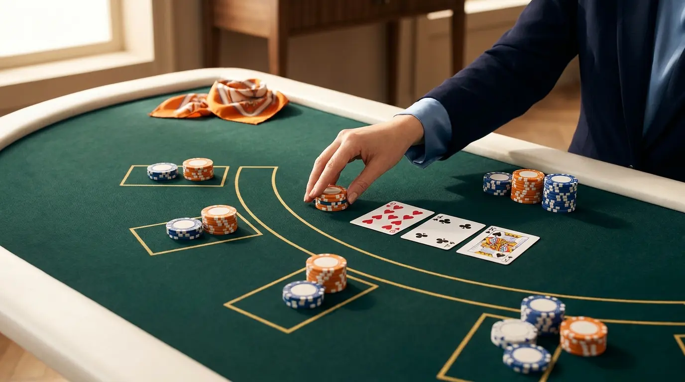Baccarat tafel met speelkaarten en fiches in Nederlandse kleuren