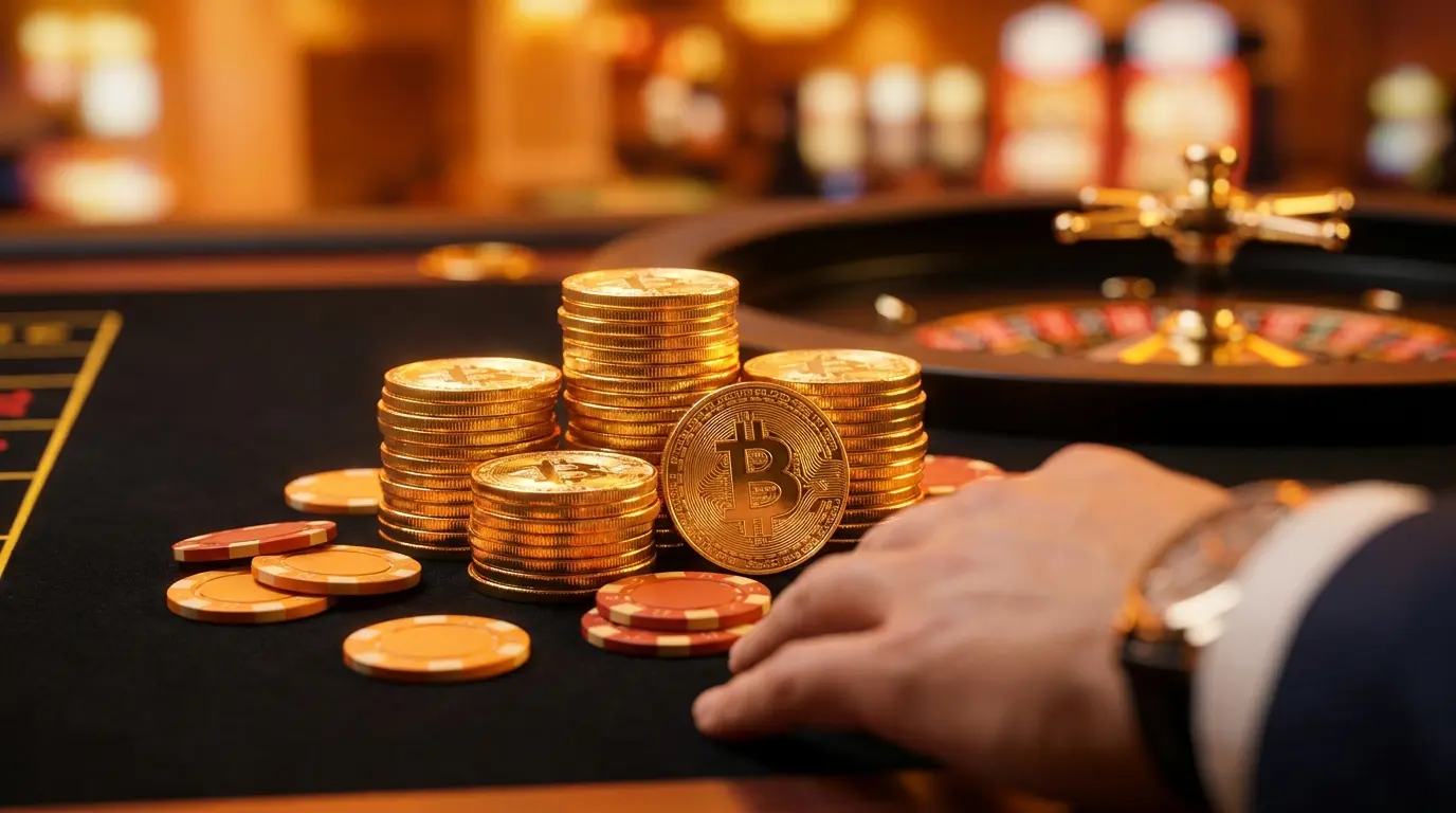 Bitcoin munten en casinofiches op speeltafel met oranje verlichting