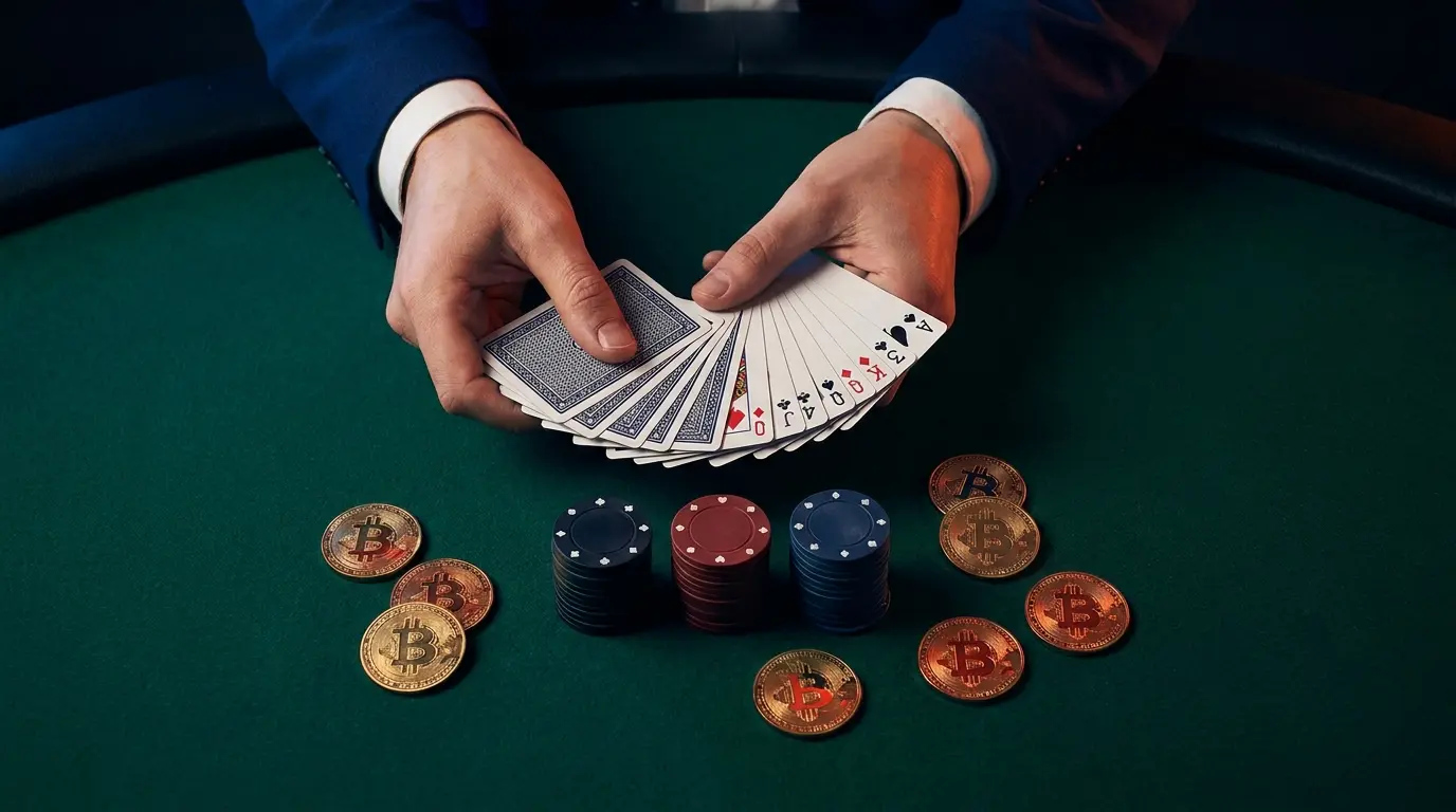 Speelkaarten en Bitcoin munten op groene speeltafel van bovenaf
