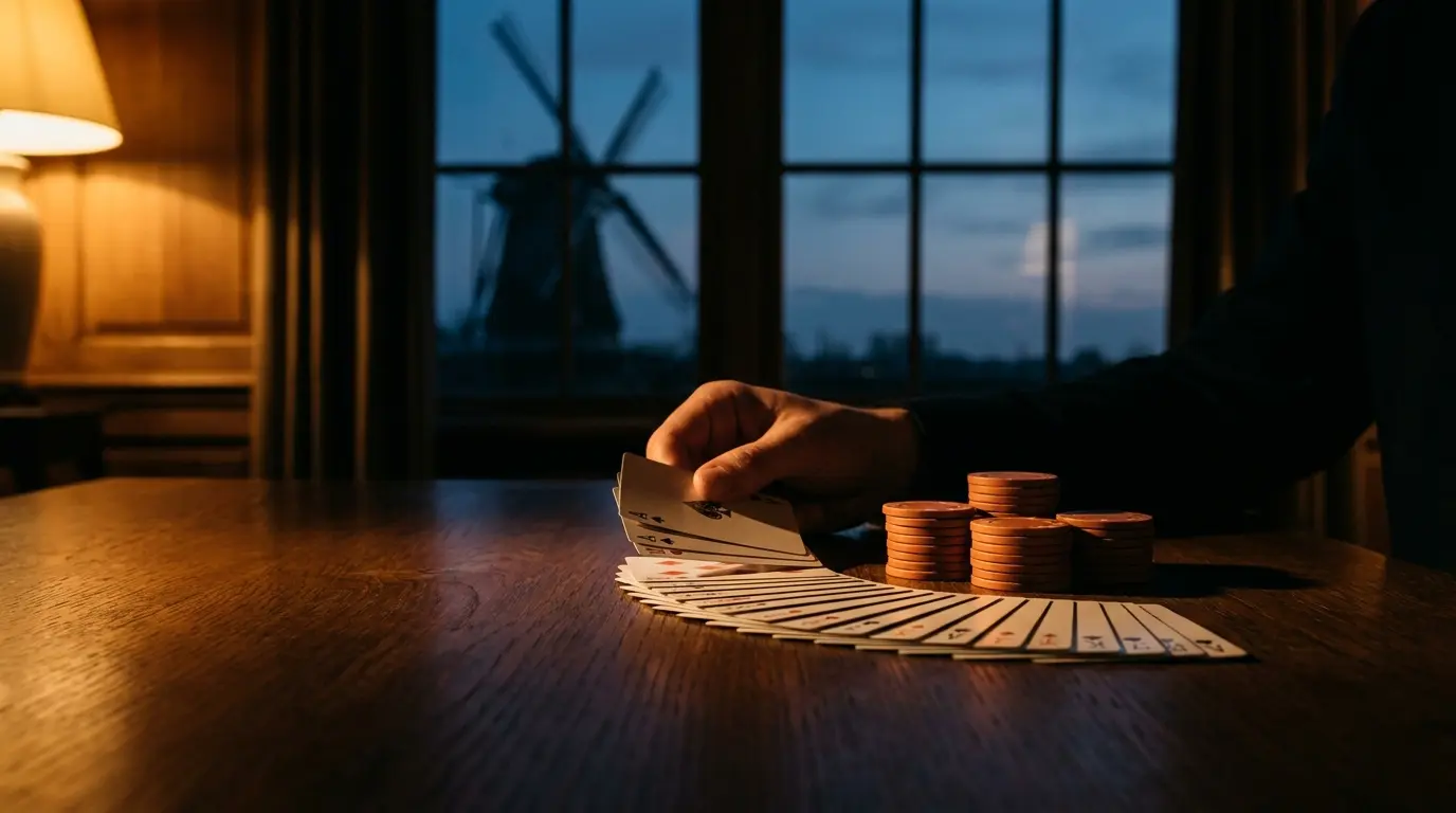 Speelkaarten en fiches met Nederlands windmollensilhouet