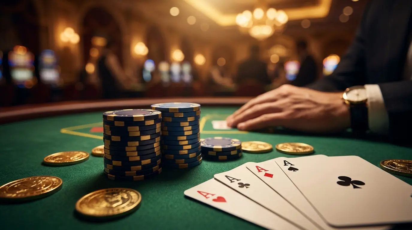 Casino fiches en speelkaarten op groene vilt tafel