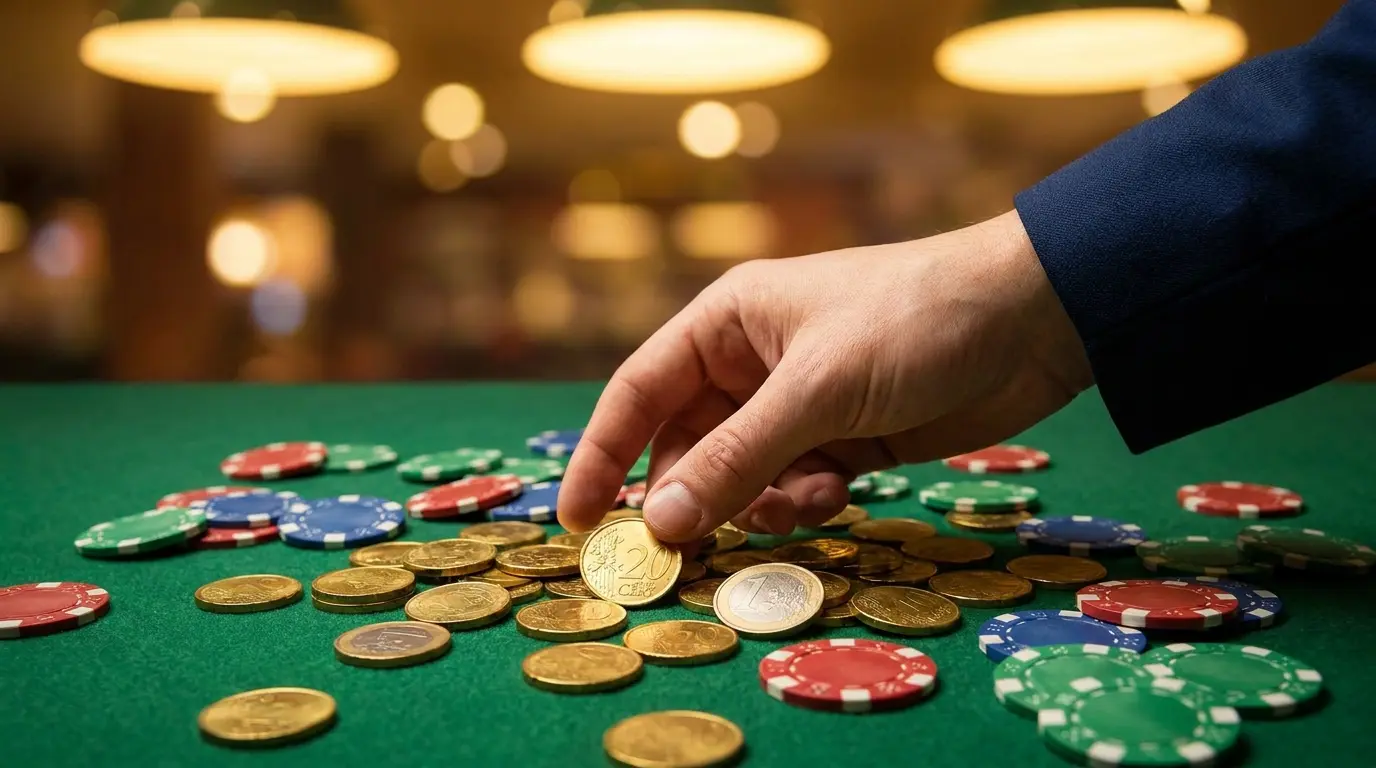 Gouden munten en casinochips op groene tafel met casino sfeer