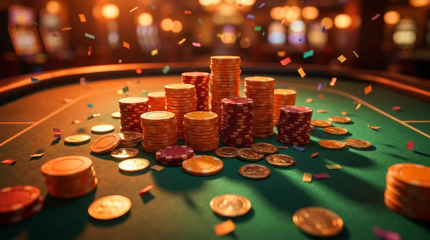 Casino fiches gestapeld met oranje verlichting en confetti