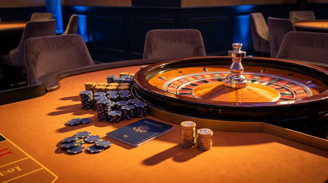 Roulette wiel met casino chips en paspoort in oranje licht