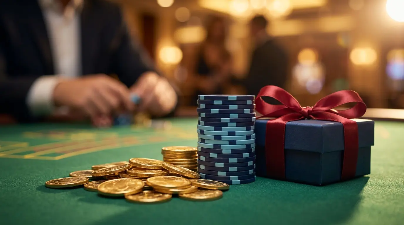 Casinofiches en welkomstbonus geschenkdoos op groene vilt tafel