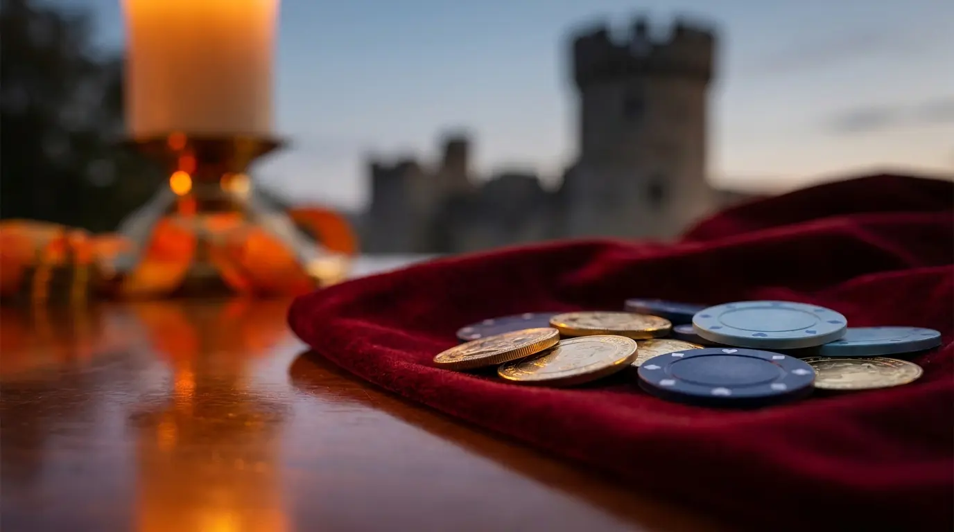 Kasteeltoren met casino fiches en munten op rood fluweel