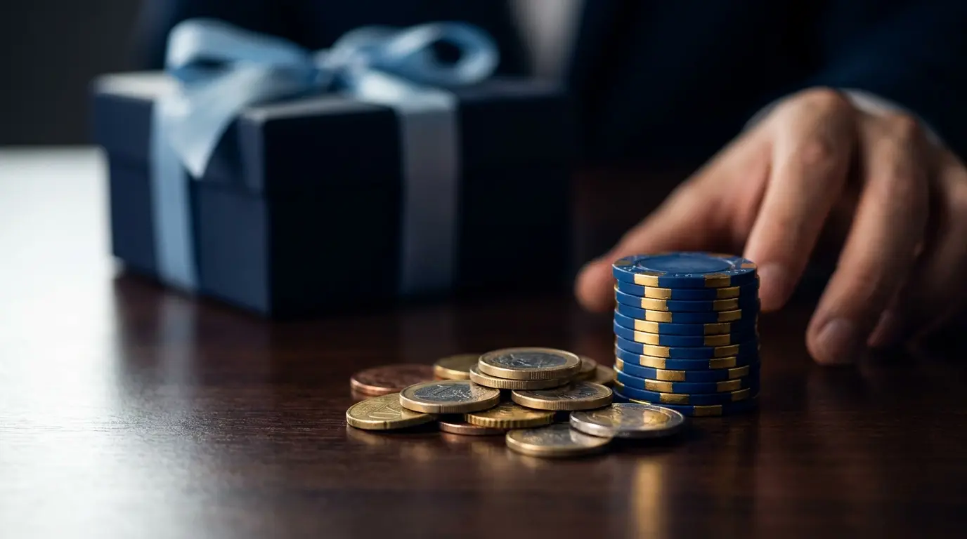 Stapel casinochips en munten met cadeau op achtergrond
