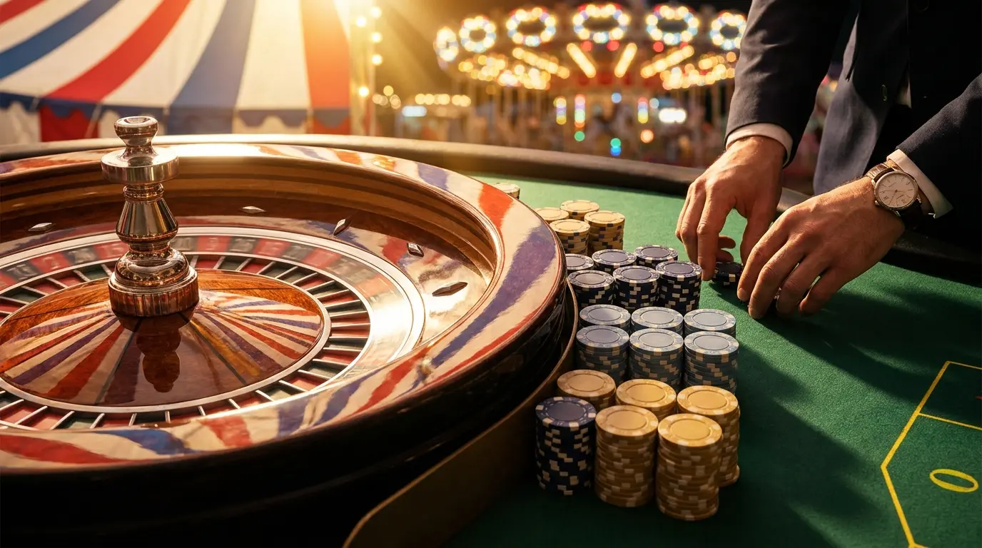 Circus tent kleuren gereflecteerd op roulette wiel met casino chips