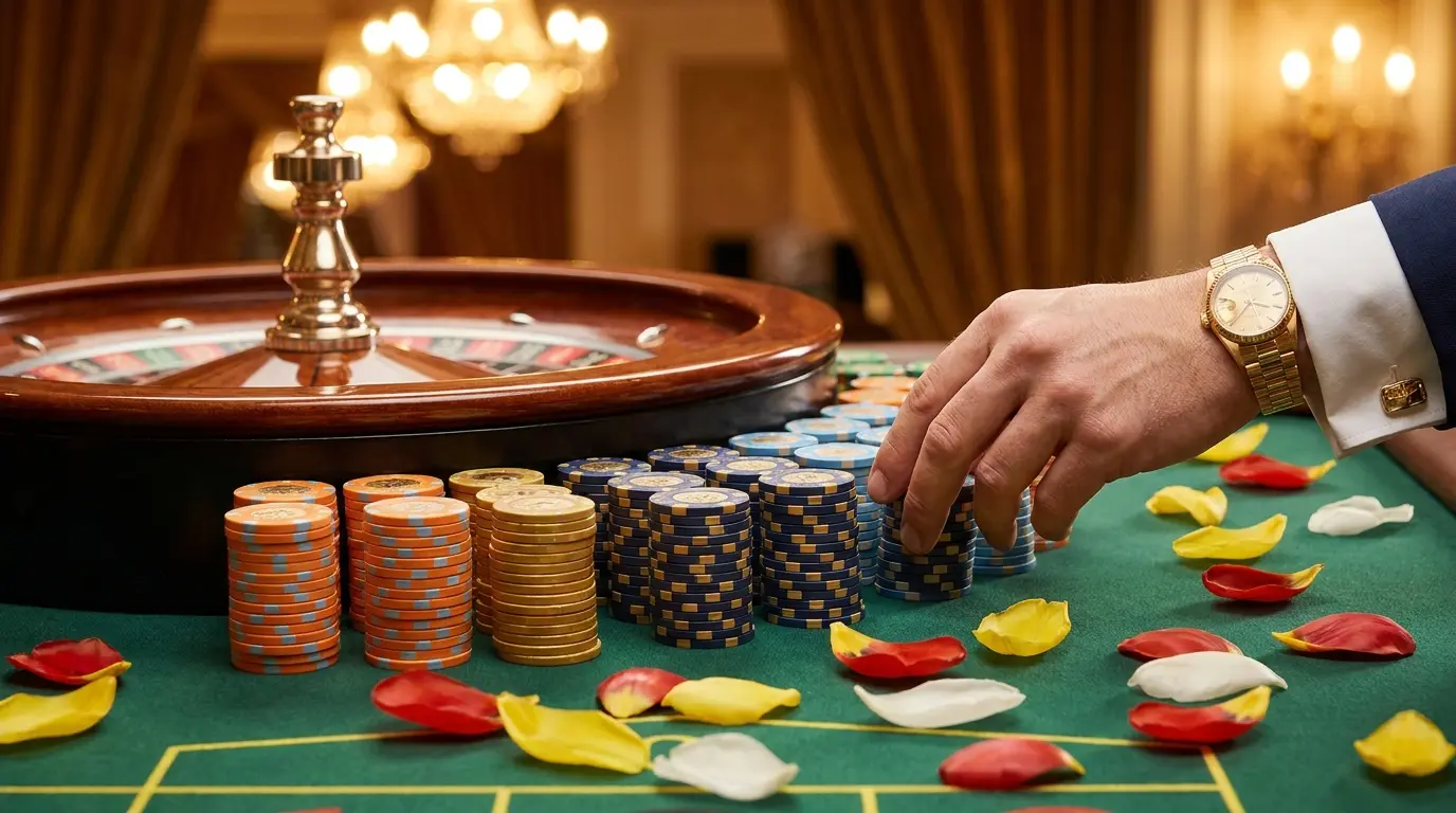 Casinochips en roulettewiel met Nederlandse tulpenblaadjes