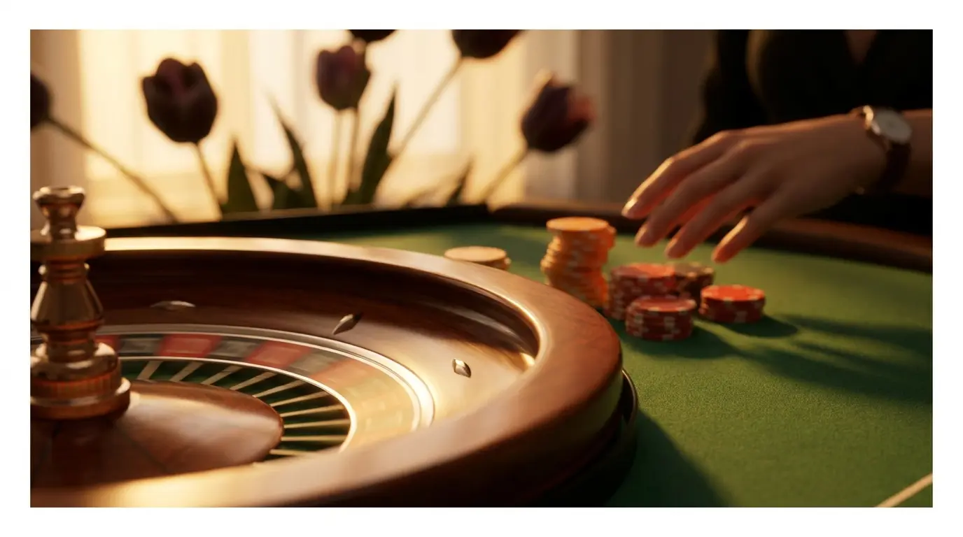 Roulette wiel met oranje fiches en tulpen op casinotafel