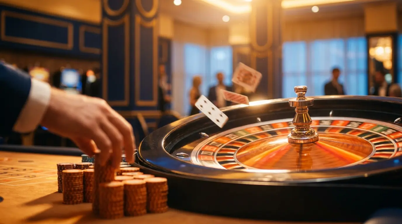 Roulette wiel met oranje fiches en speelkaarten in casino sfeer