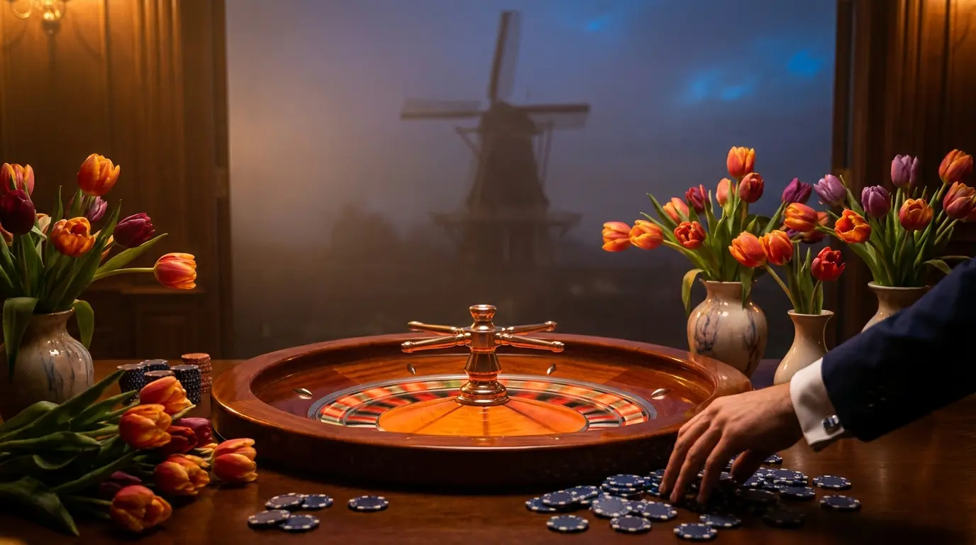 Roulette wiel met Nederlandse tulpen en casino chips