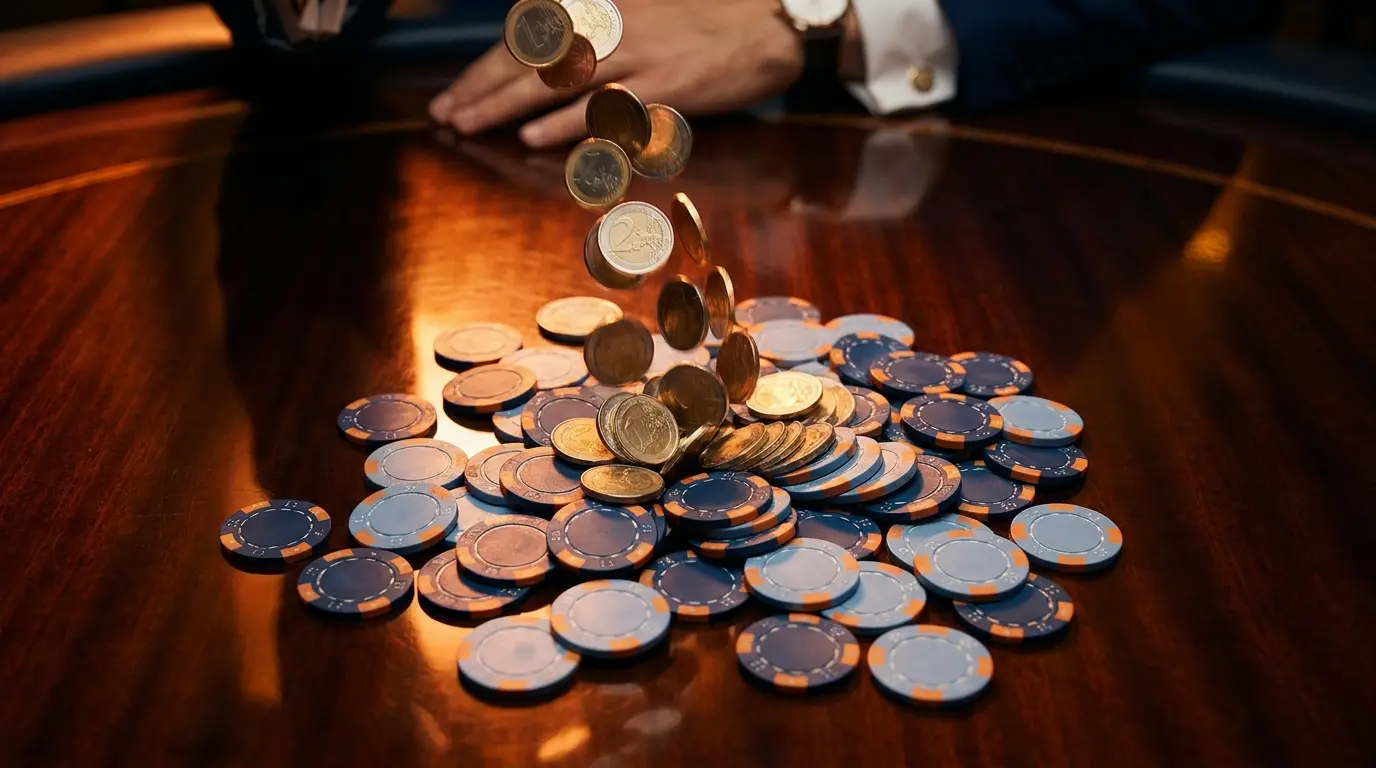 Euro munten en casino fiches met oranje accenten en warm licht