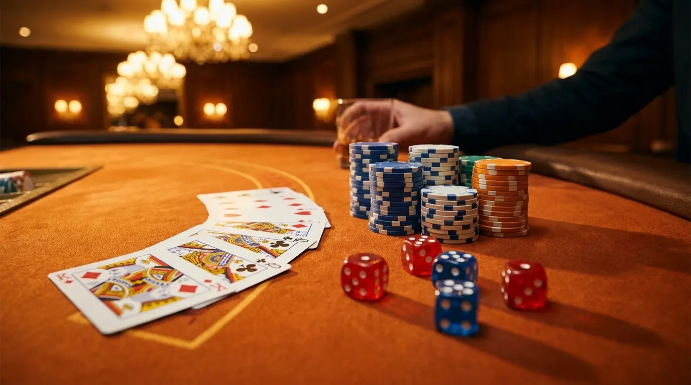 Casino fiches en speelkaarten op oranje vilt met gouden verlichting